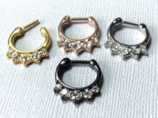 1pc 100% SURGICAL STEEL Five Crystal Gem Septum Clicker Nose Ring 16g Gold Black