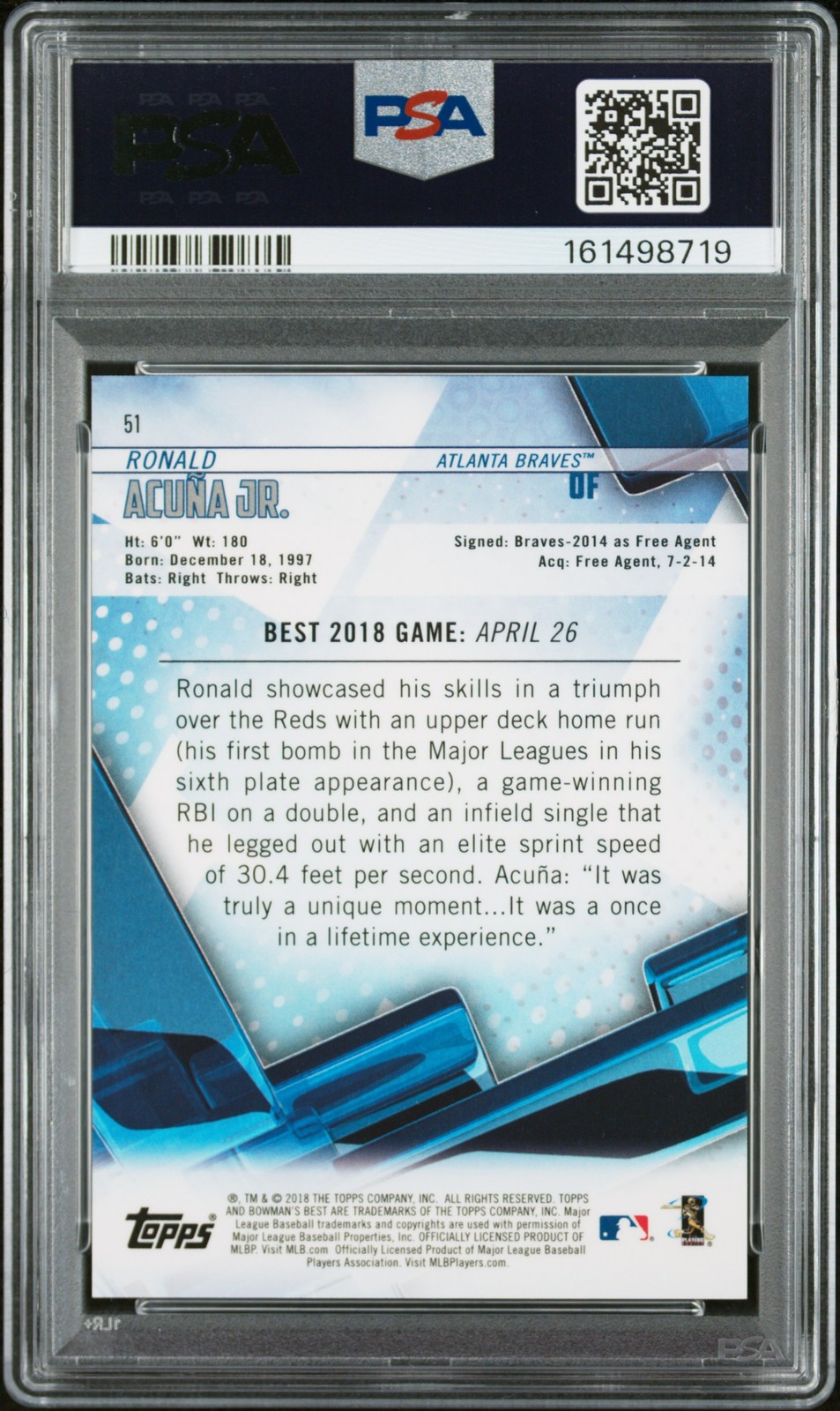 2018 BOWMAN'S BEST GREEN REFRACTOR #51 RONALD ACUNA JR. ROOKIE RC 12/99 PSA 10 view 2