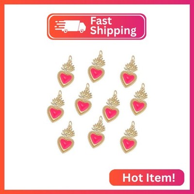 BEEFLYING 10pcs Hot Pink Sacred Heart Charms Brass Enamel Ornaments Milagros Hea