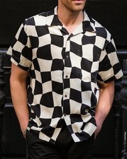 3sixteen Drunk Chess Vacation Shirt L Black & Cream Slub Tencel SS22 Rare Mens