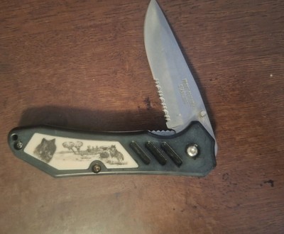 Frost Cutlery Single Blade Folding Knife With Wolf On Handle