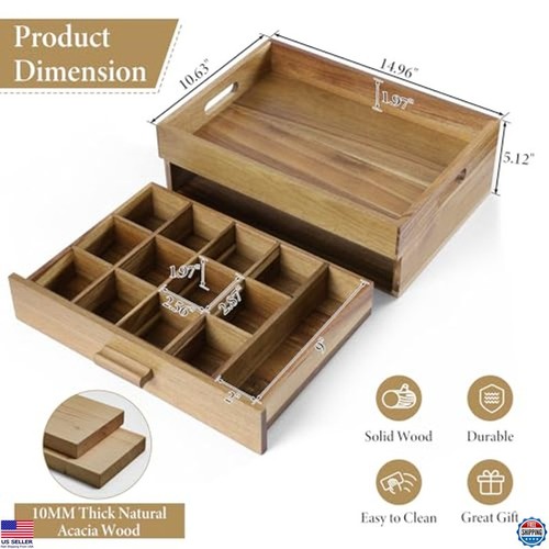 Extra Large Acacia Wood Tea Bag Organizer with 13 Compartments, Storage Box - Picture 5 of 7
