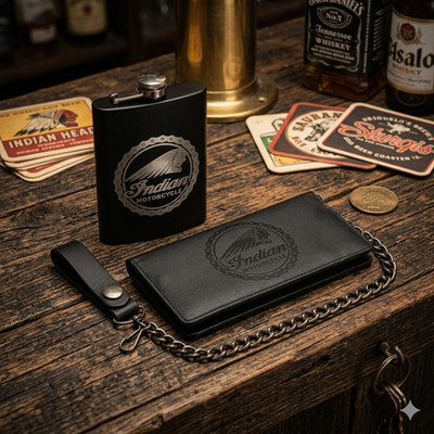 Indian Motorcycle Genuine Leather Biker Wallet W Chain Stainless Steel Flask Set