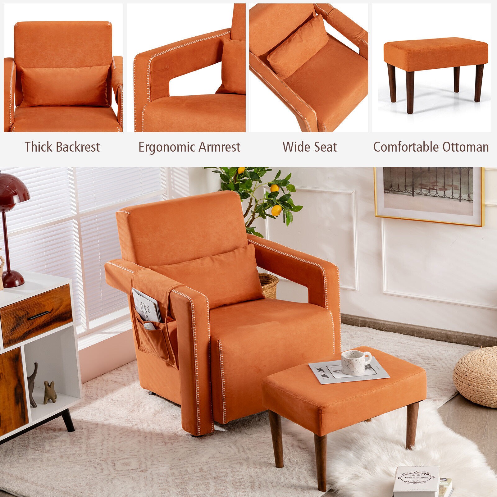Costway Suede Fabric Armchair Single Sofa & Footstool Set W/ Waist Pillow - Image 3