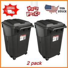 2 pack Hyper Tough 45 Gallon Wheeled Heavy Duty Plastic Garbage Can Attached Lid