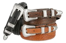 Silver Engraved Rope Edge Buckle Genuine Cowhide Leather Western Ranger Belt