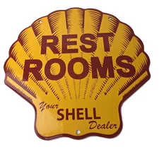 Vintage Shell Gasoline Sign - Rest Rooms Porcelain Gas Pump Plate Sign