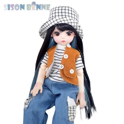 Doll BJD 30cm + face makeup + black / blue straight wig + dress