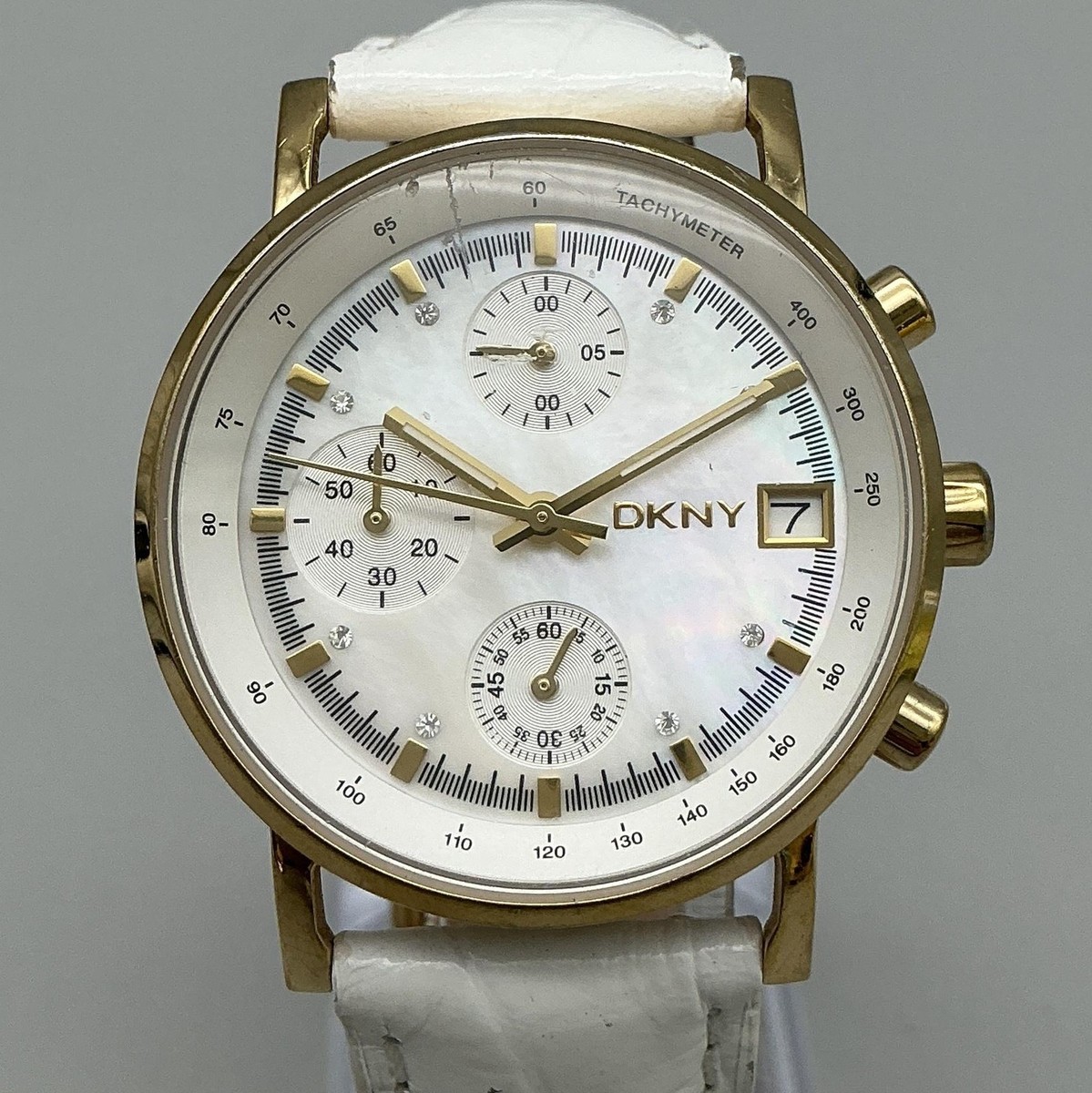 DKNY Womens Watch 36mm White MOP Dial Gold Tone Chronograph NY 