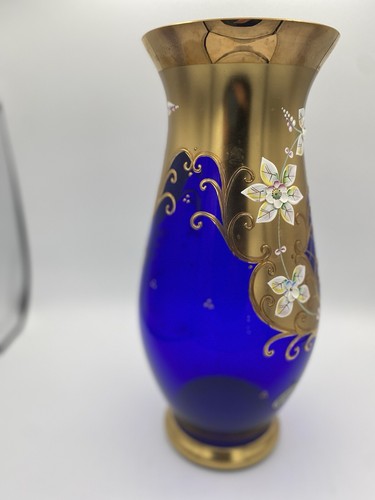 VTG Egermann Bohemian/Czech Cobalt Blue Vase Gold Gilded 3D Flowers 12” - Picture 6 of 13