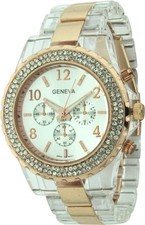 NEW GENEVA CLEAR & ROSE GOLD TONE RESIN BAND CHRONOGRAPH & CRYSTALS WATCH