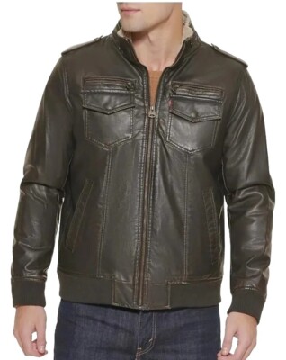 Levi's Men's Sherpa Lined Faux Leather Aviator Bomber Jacket Dark