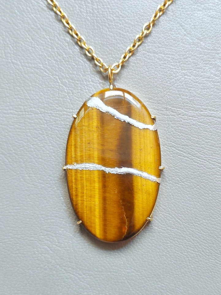 Pingente de pedra preciosa olho de tigre folha de prata Kintsugi refeito pela arte corrente folheada a ouro - Imagem 3 de 4