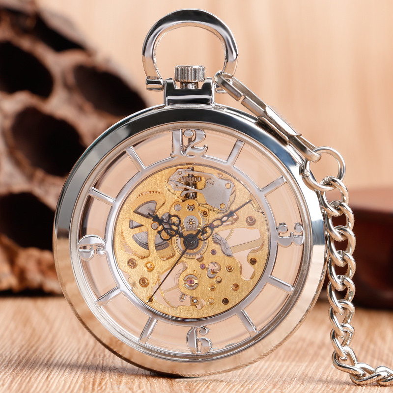Retro Hand-winding Mechanical Pocket Watch Silver Open Face Transparent Skeleton