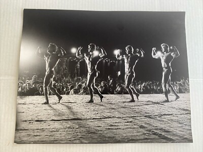 MEN FLEXING MUSCLES BODYBUILDERS AT COMPETITION B&W PHOTOGRAPH