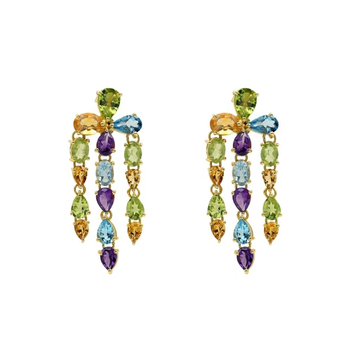 Natural Multistone Chandelier Earrings 925 Sterling Silver Gold Plated Jewelry