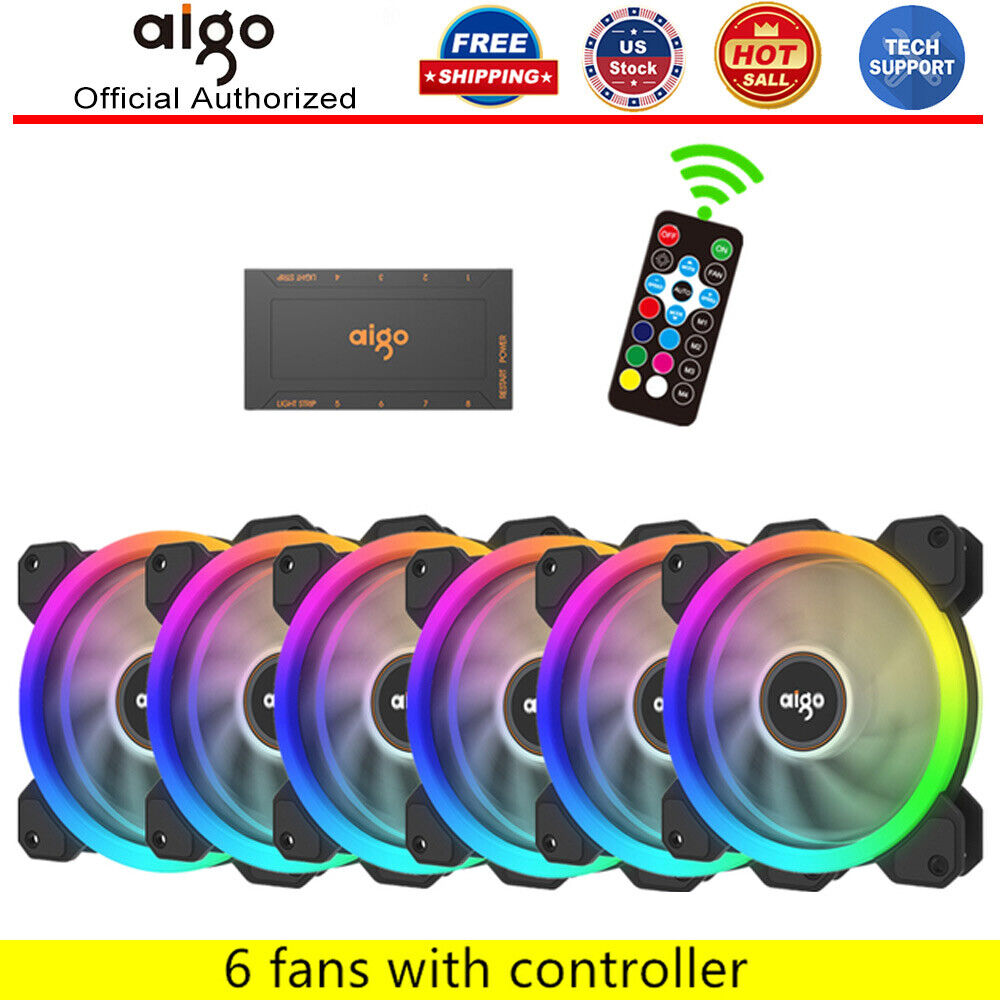 120mm 6Pack AIGO DR12 Silent Cooler Double RGB LED Computer PC Case Cooling Fan