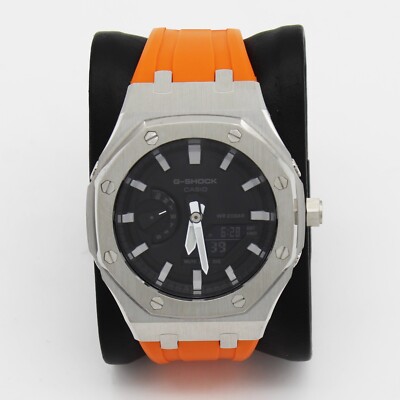 Casioak Custom G-Shock GA2100 Mod Orange Rubber Strap Stainless Steel Case