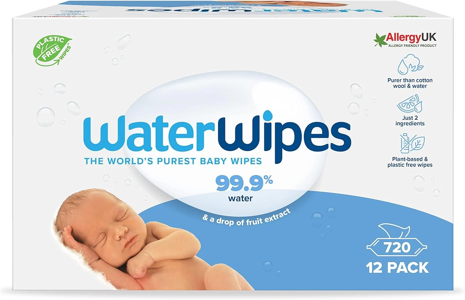 Plastic-Free Original Baby Wipes, 720 Count (12 Packs), 99.9% Water Based Wipes,