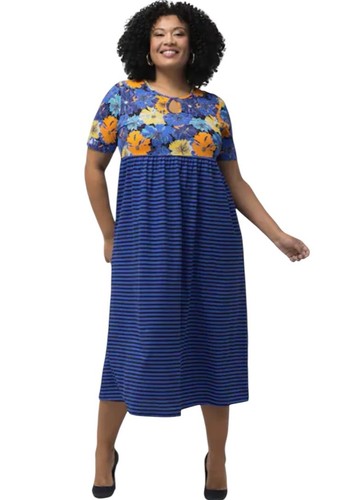 NEW Ulla Popken Plus Size 32/34 Tunic Maxi Dress Empire Waist Jersey Knit Blue