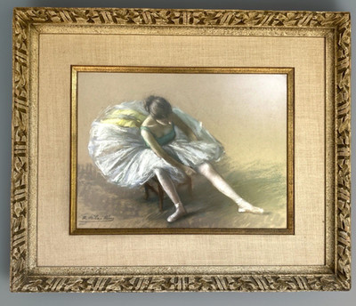 Vtg Custom Framed Original Ballerina Pastel by Ramon Ribas Rius, Overall 24x20