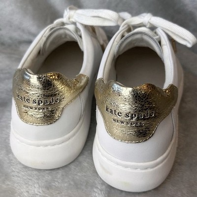 Kate Spade New York Lift Sneakers - White Leather Gold Accent Sz 10 Trend Shoes
