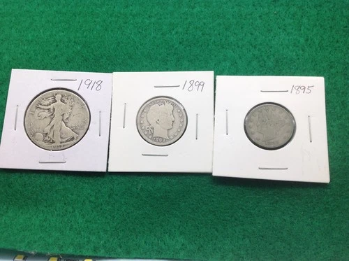 Silver 1918 Walking Half Dollar-Silver 1899 Barber Quarter - 1895 V Nickel