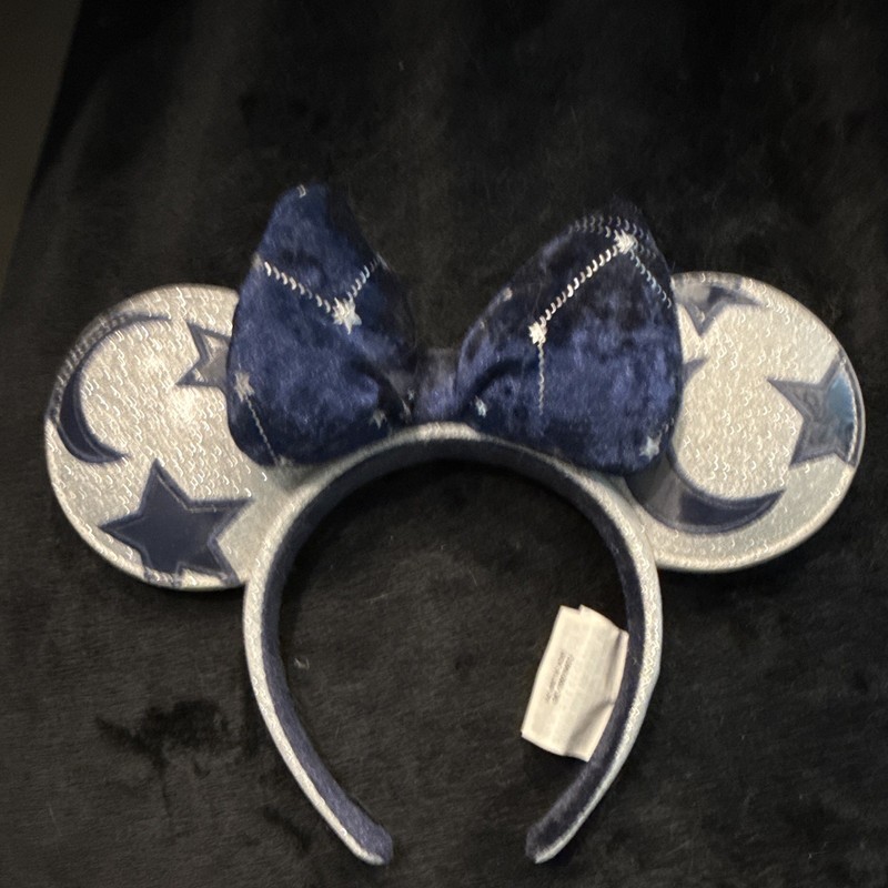 Mickey Mouse Ears Headband Blue Silver Glitter Bow Moon Stars Fabric Women