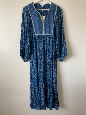 Monsoon Artisan Hand Block Printed Blue Bailey Dress Size M 12/14