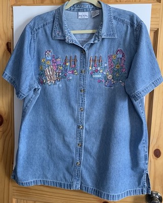 Bobbie Brooks Woman Short Sleeve Garden Embroidered Denim Button Shirt 18W/20W