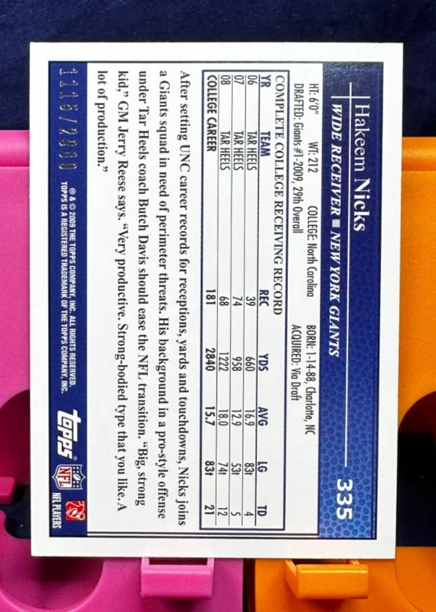 Hakeem Nicks - 2009 Topps Gold - Rookie #’D /2009 #335 New York Giants - Image 2 of 2