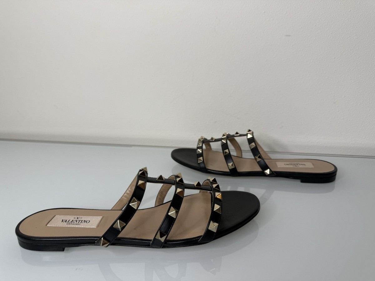 Black Valentino Studded Slide Sandals Valentino Garavani Pebbled Calfskin Roman Stud Flat Slide  main image 2