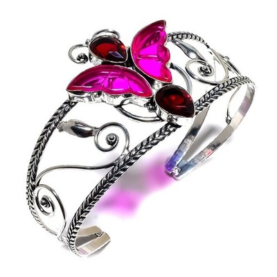 Butterfly Rubellite & Garnet Duo - Elegant 925 Sterling Silver Cuff M523