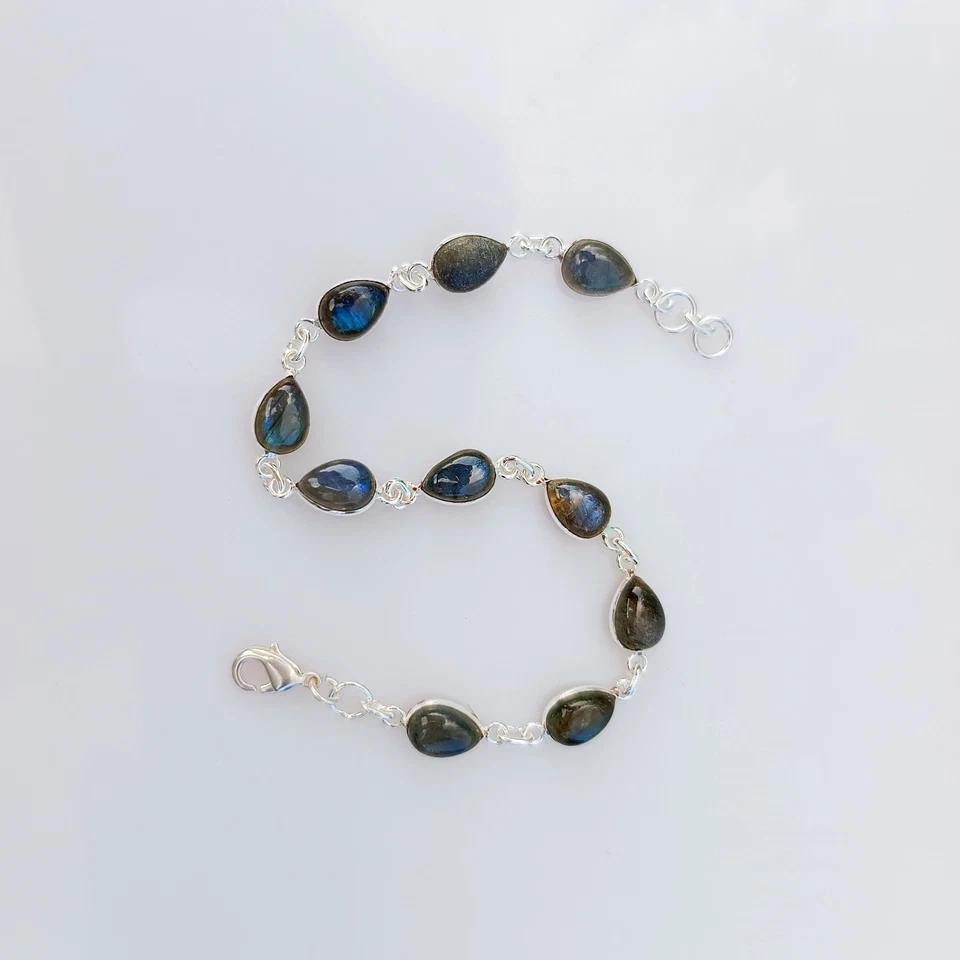 Natural Labradorite Gemstone Bracelet 925 Sterling Silver Handmade Jewelry - Image 3 of 4