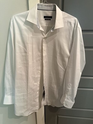 NWT  Bugatchi Mens Large Button Up Shirt White Blue Geometric Shaped Fit Classic