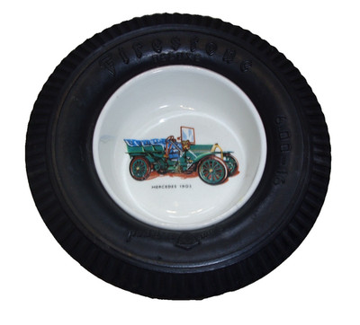 Firestone Deluxe 6'' Gummireifen + Oldtimer Mercedes 1903 Auto Aschenbecher / Schale