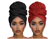 2Pieces Solid Color Stretch Jersey Head Wrap Long Scarf Black And Red 