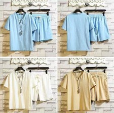Summer Men's Boys 2pc Cotton Linen Tang Suit Casual Tops Shorts Set Shirts Home