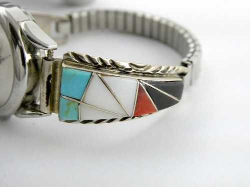 Orologio NA Southwestern W Firmato Argento Sterling Multi Stone Intarsiato NON FUNZIONANTE - Foto 8 di 17