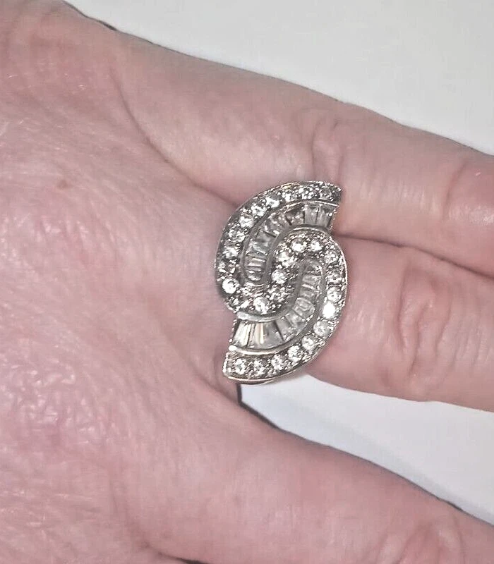🦋 Art Deco Stupendo ANELLO ARGENTO Sterling 925 con Zirconi bianchi a baguette - Immagine 2 di 4