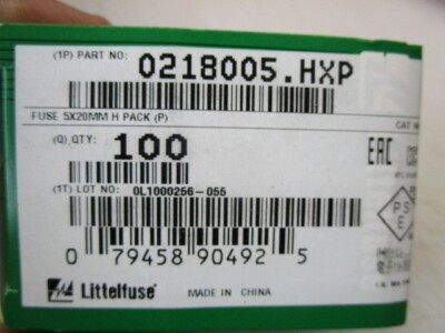 100 PCS. LITTELFUSE 0218005.HXP FUSE CARTRIDGE 5A, 5 X 20MM SLOW BLOW
