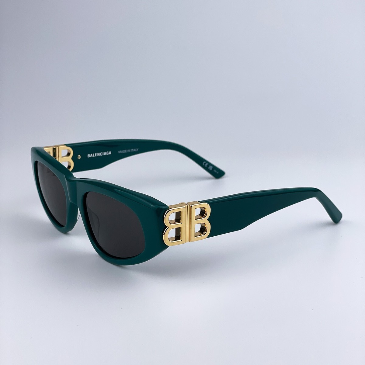 Balenciaga Women Sunglasses Green Gold Logo Grey Cat Eye