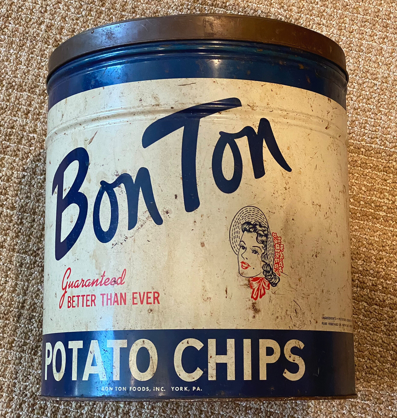BON TON POTATO CHIPS LARGE VINTAGE 3 LB DISPLAY SIZED TIN, BON TON