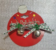 Christmas Green  Silver Jingle Bell Ribbons  Bows Festive Dangling Earrings