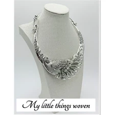 Peacock Texture Ethnic Bohemian Collar Pendant Statement Necklace Silver