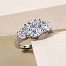 Solid 14K White Gold Moissanite Three Stone Engagement Ring Round Cut 2.50 Carat