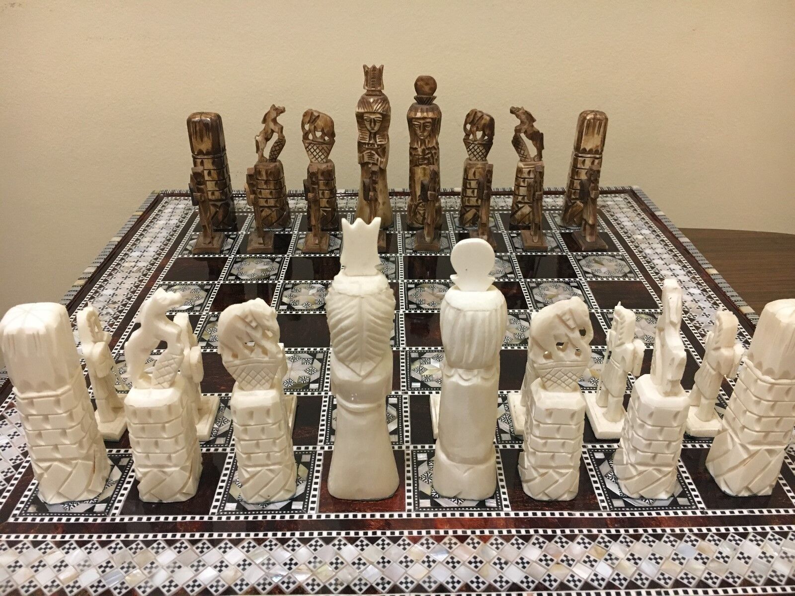 Antique Handmade Chess Pieces Set Carved bone Real Camel Bones in Bag