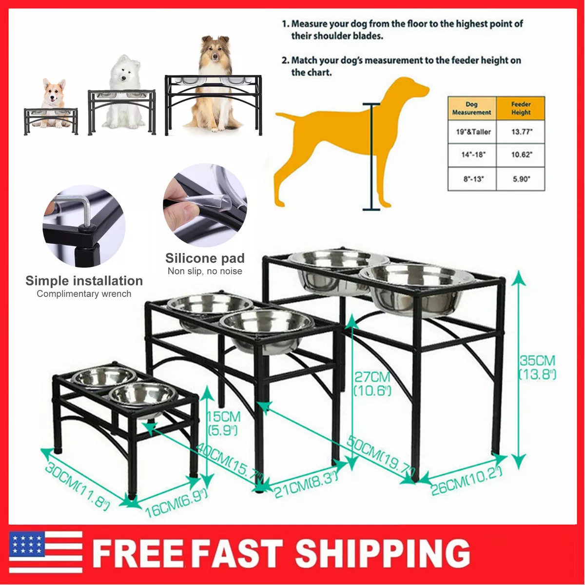 Double Elevated Stainless Steel Raised Feeder Dog Pet Bowl Food Water Stand  Tray