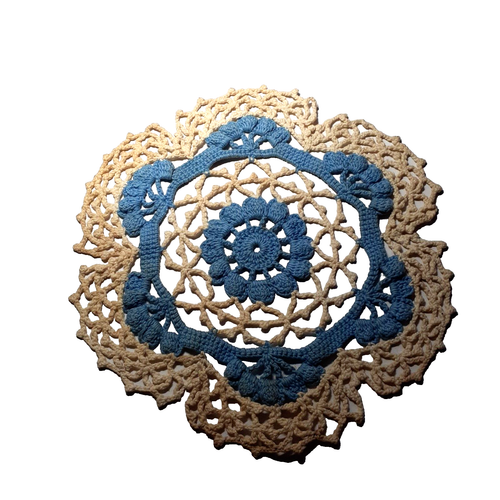 Vintage Estate 8" Round Doily Hand Crochet Table Blue and White Flower - Picture 5 of 6