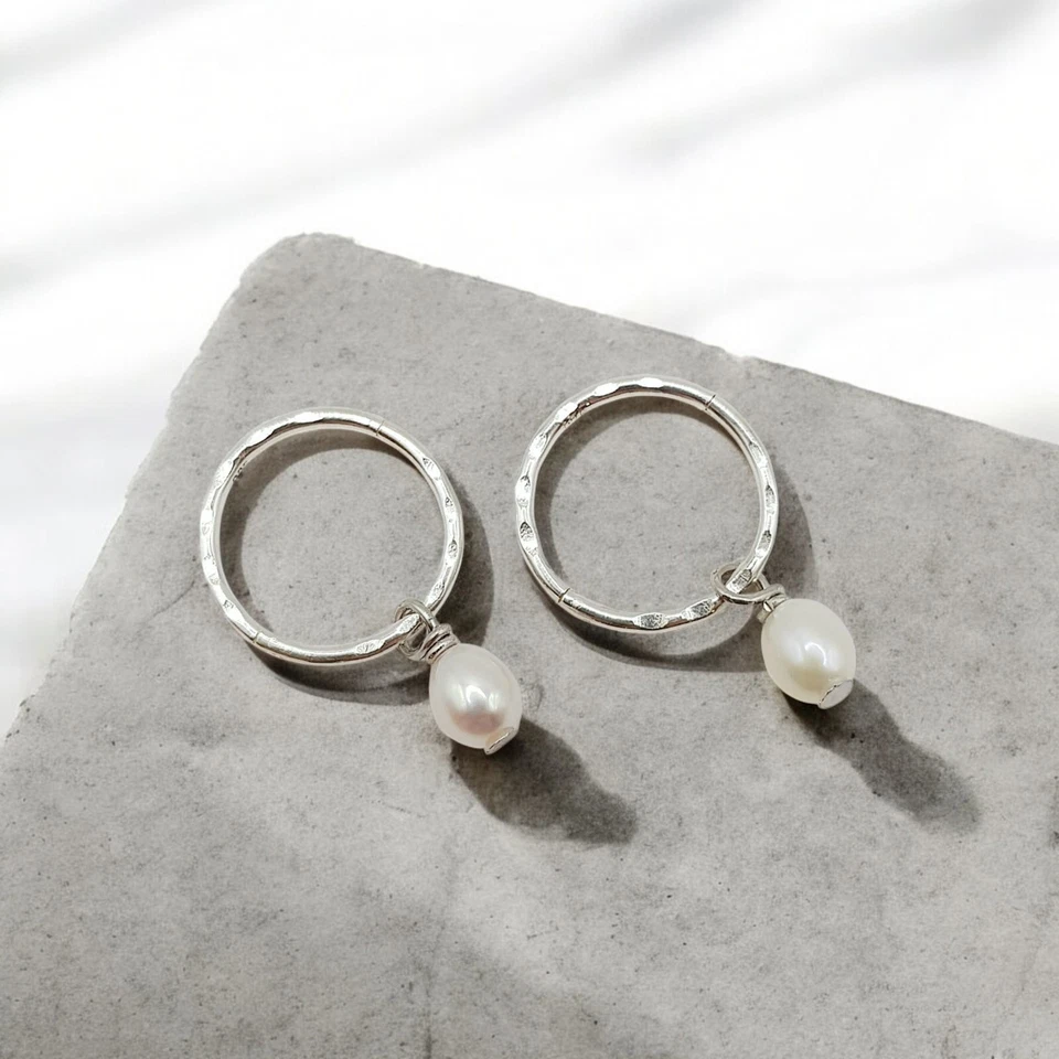 925 Sterling Silver Mini Pearl Hoop Earrings Natural Freshwater Pearls - Tracked - image 4 of 4